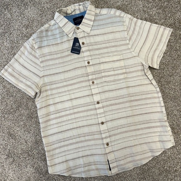 NWT Lucky Brand Linen Blend Short Sleeve Button Shirt Men Size Medium Stripe - Picture 1 of 9